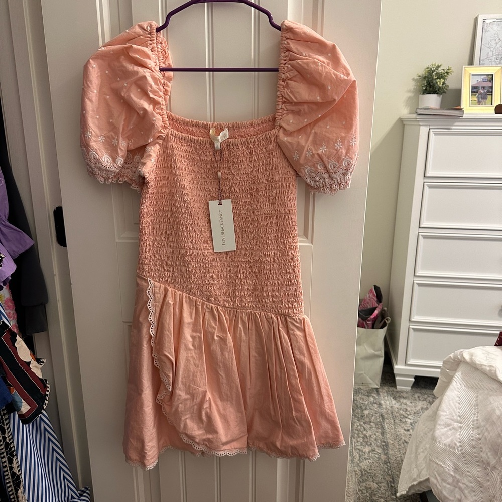 NWT LoveShackFancy Peach Mini Dress with White Embroidery Details